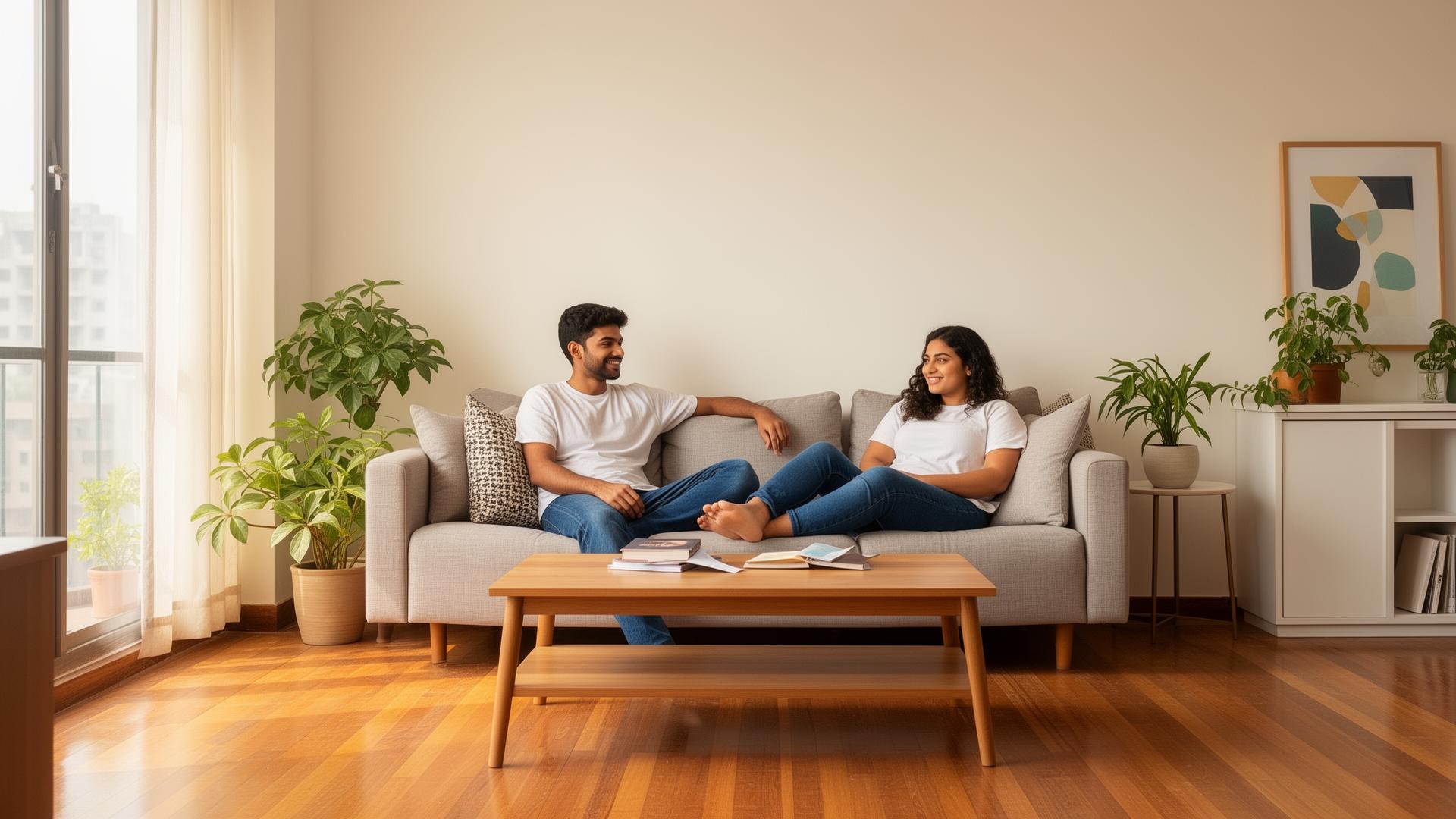 Two flatmates relaxing in a bright shared apartment in Noida